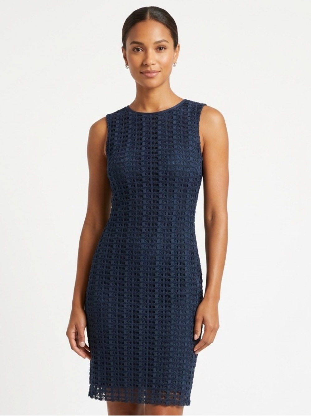 Spense Petite Navy Blue Crochet Lace Sleeveless Sheath Dress Size 2P